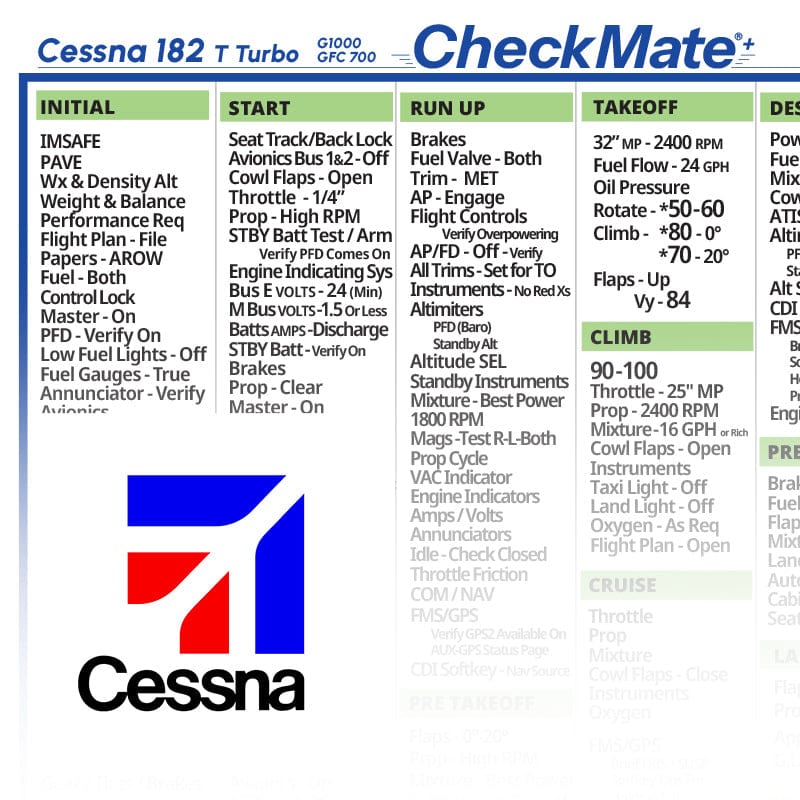 Checkmate Aviation Aviation Checklists Cessna 182 T Turbo G1000 GFC700 Checkmate+ Standard Size Comprehensive Pilot Checklist (Modernized and Updated)