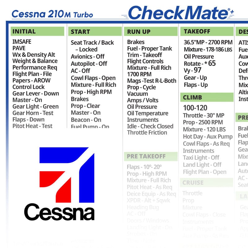 Checkmate Aviation Aviation Checklists Cessna 210 M Turbo Checkmate+ Standard Size Comprehensive Pilot Checklist (Modernized and Updated)