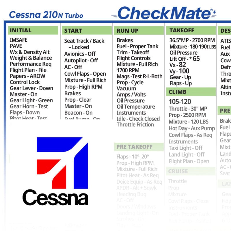 Checkmate Aviation Aviation Checklists Cessna 210 N Turbo Checkmate+ Standard Size Comprehensive Pilot Checklist (Modernized and Updated)