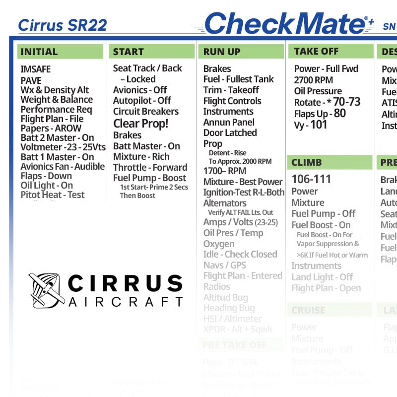 Checkmate Aviation Aviation Checklists Cirrus SR22 Standard Checkmate+ Standard Size Comprehensive Pilot Checklist (Modernized and Updated)