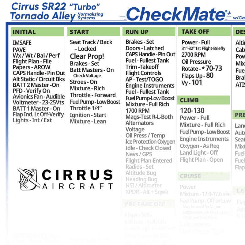 Checkmate Aviation Aviation Checklists Cirrus SR22T Standard Checkmate+ Standard Size Comprehensive Pilot Checklist (Modernized and Updated)