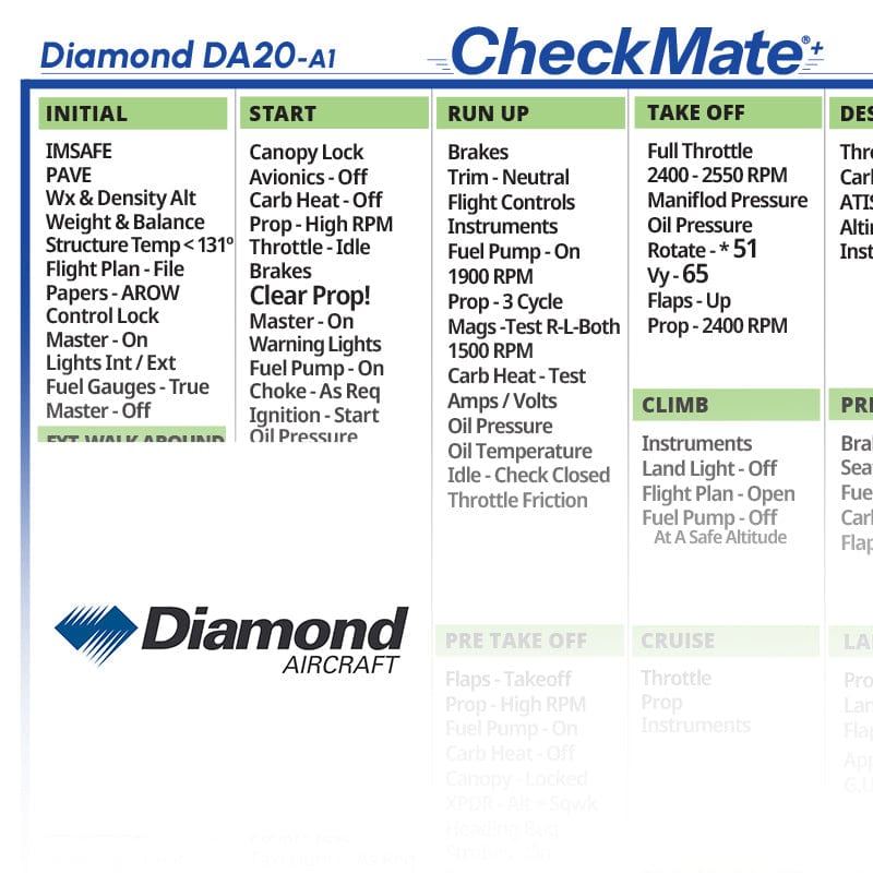 Checkmate Aviation Aviation Checklists Diamond DA20 A1 Checkmate+ Standard Size Comprehensive Pilot Checklist (Modernized and Updated)