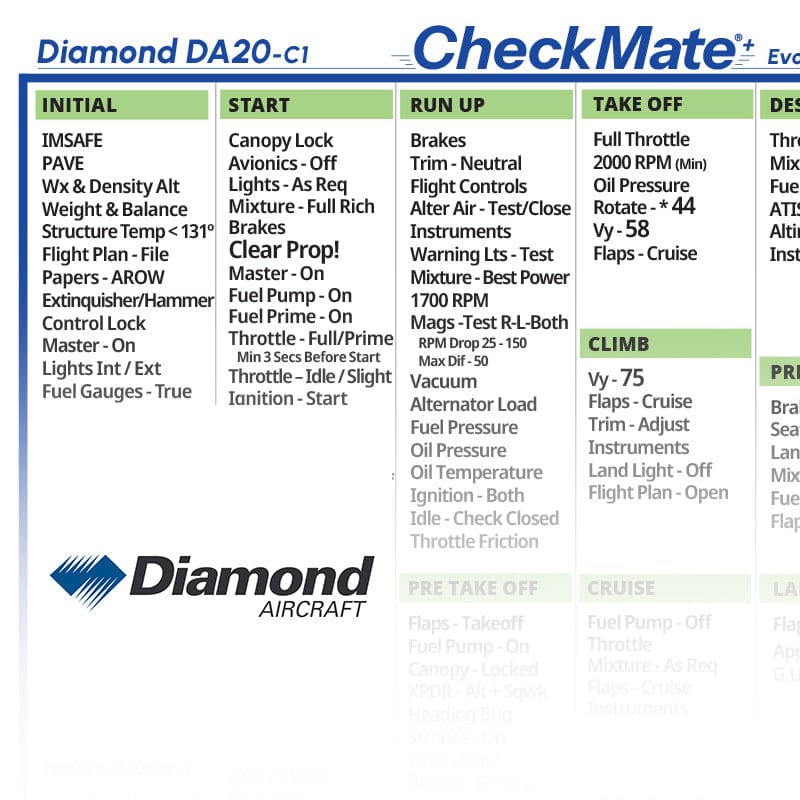 Checkmate Aviation Aviation Checklists Diamond DA20 C1 Checkmate+ Standard Size Comprehensive Pilot Checklist (Modernized and Updated)