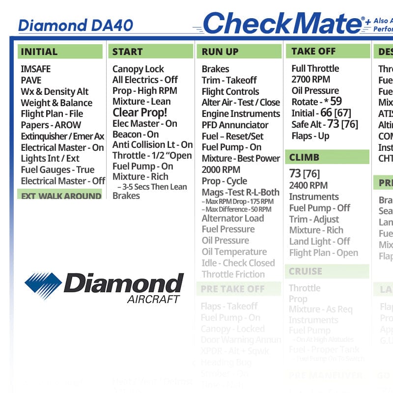 Checkmate Aviation Aviation Checklists Diamond DA40 Checkmate+ Standard Size Comprehensive Pilot Checklist (Modernized and Updated)