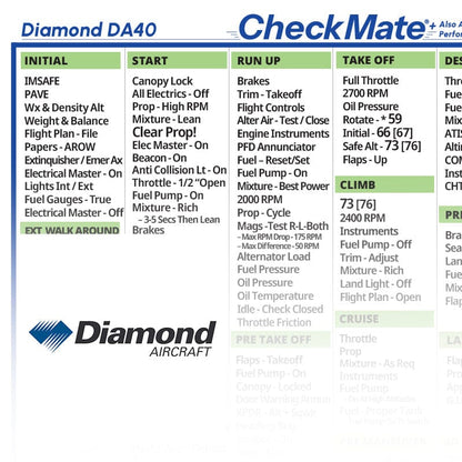 Checkmate Aviation Aviation Checklists Diamond DA40 Checkmate+ Standard Size Comprehensive Pilot Checklist (Modernized and Updated)
