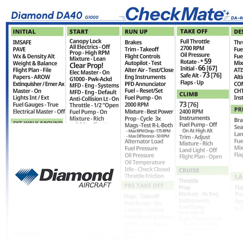 Checkmate Aviation Aviation Checklists Diamond DA40 G1000 Checkmate+ Standard Size Comprehensive Pilot Checklist (Modernized and Updated)