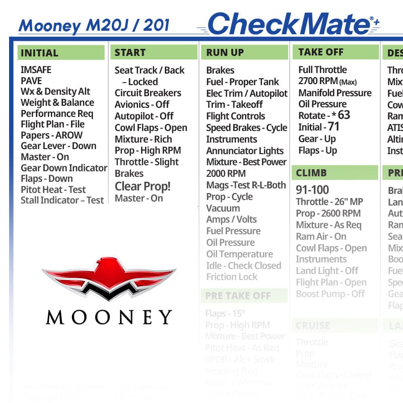 Checkmate Aviation Aviation Checklists Mooney M20J 201 Checkmate+ Standard Size Comprehensive Pilot Checklist (Modernized and Updated)