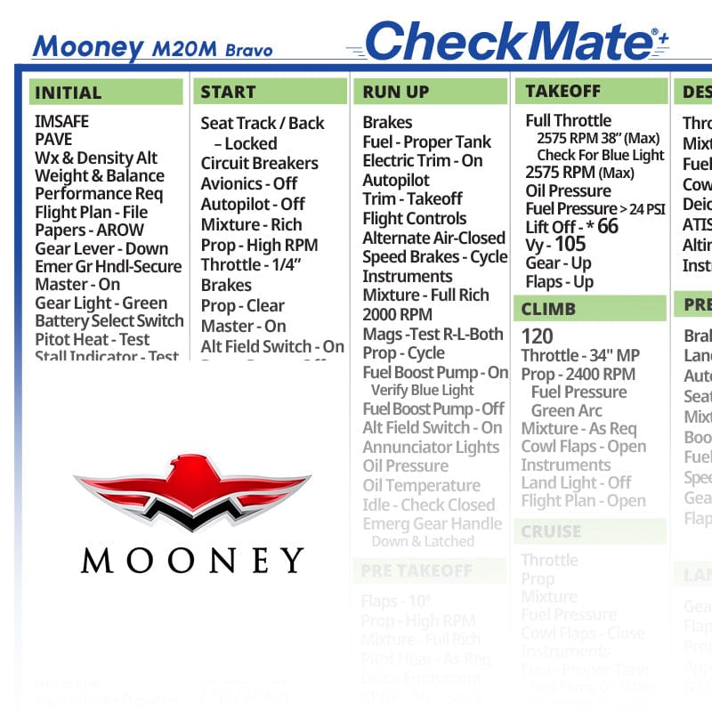 Checkmate Aviation Aviation Checklists Mooney M20M Bravo Checkmate+ Standard Size Comprehensive Pilot Checklist (Modernized and Updated)