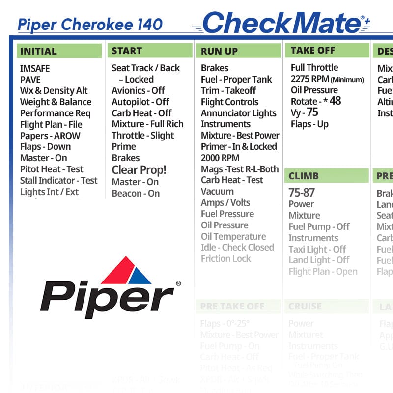 Checkmate Aviation Aviation Checklists Piper Cherokee 140 Checkmate+ Standard Size Comprehensive Pilot Checklist (Modernized and Updated)