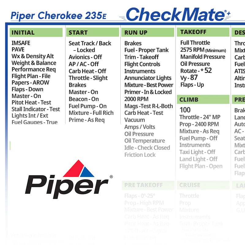 Checkmate Aviation Aviation Checklists Piper Cherokee 235e Checkmate+ Standard Size Comprehensive Pilot Checklist (Modernized and Updated)