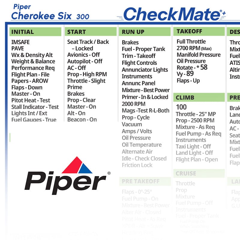 Checkmate Aviation Aviation Checklists Piper Cherokee Six 300 Checkmate+ Standard Size Comprehensive Pilot Checklist (Modernized and Updated)