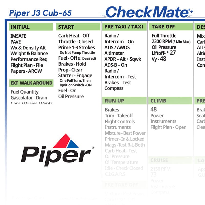 Checkmate Aviation Aviation Checklists Piper J3 Cub 65 Checkmate+ Standard Size Comprehensive Pilot Checklist (Modernized and Updated)