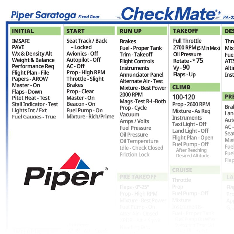 Checkmate Aviation Aviation Checklists Piper Saratoga FG Checkmate+ Standard Size Comprehensive Pilot Checklist (Modernized and Updated)