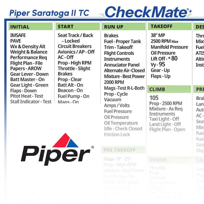 Checkmate Aviation Aviation Checklists Piper Saratoga II TC Checkmate+ Standard Size Comprehensive Pilot Checklist (Modernized and Updated)