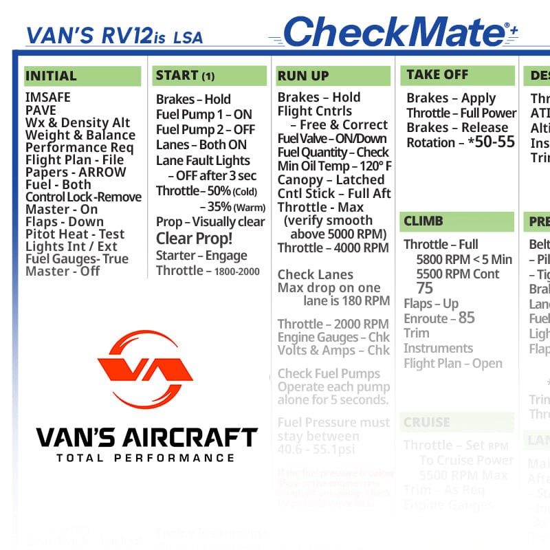 Checkmate Aviation Aviation Checklists Vans RV-12is Standard Checkmate+ Standard Size Comprehensive Pilot Checklist (Modernized and Updated)