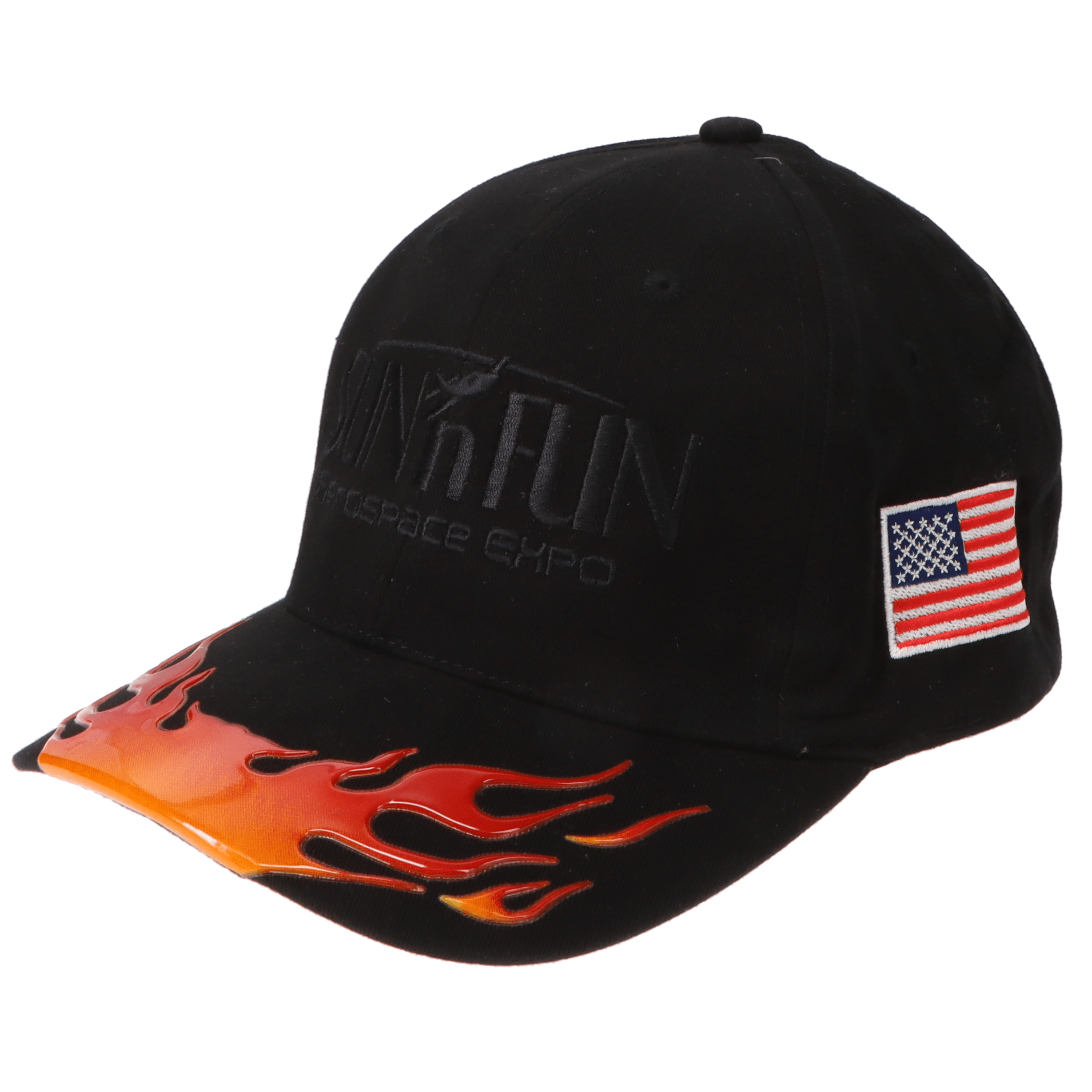 SUN 'n FUN Headwear Black SUN 'n FUN Black Vinyl Visor Structured Cap with Flames w/American Flag Black Embroidery