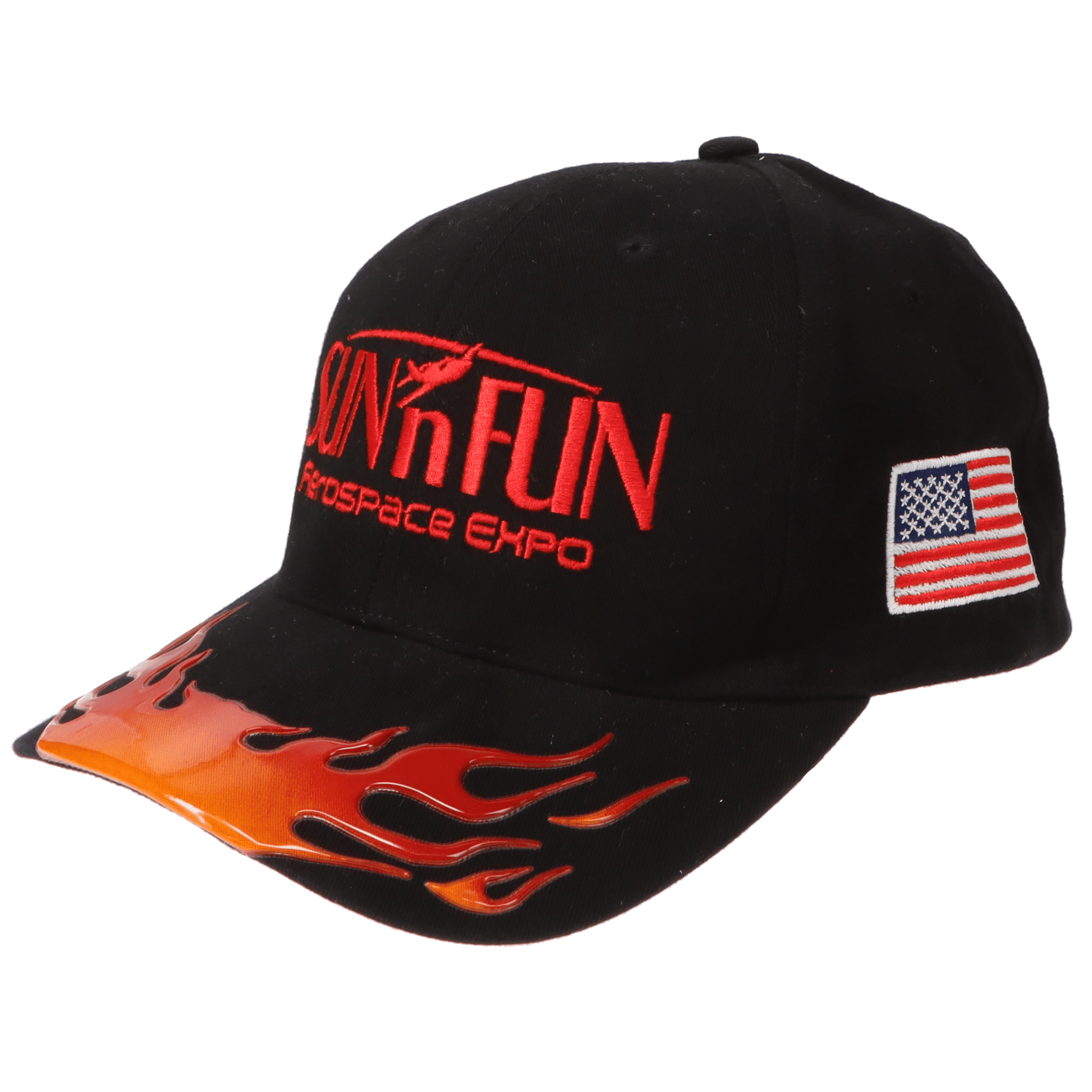 SUN 'n FUN Headwear Black SUN 'n FUN Black Vinyl Visor Structured Cap with Flames w/American Flag Red Embroidery