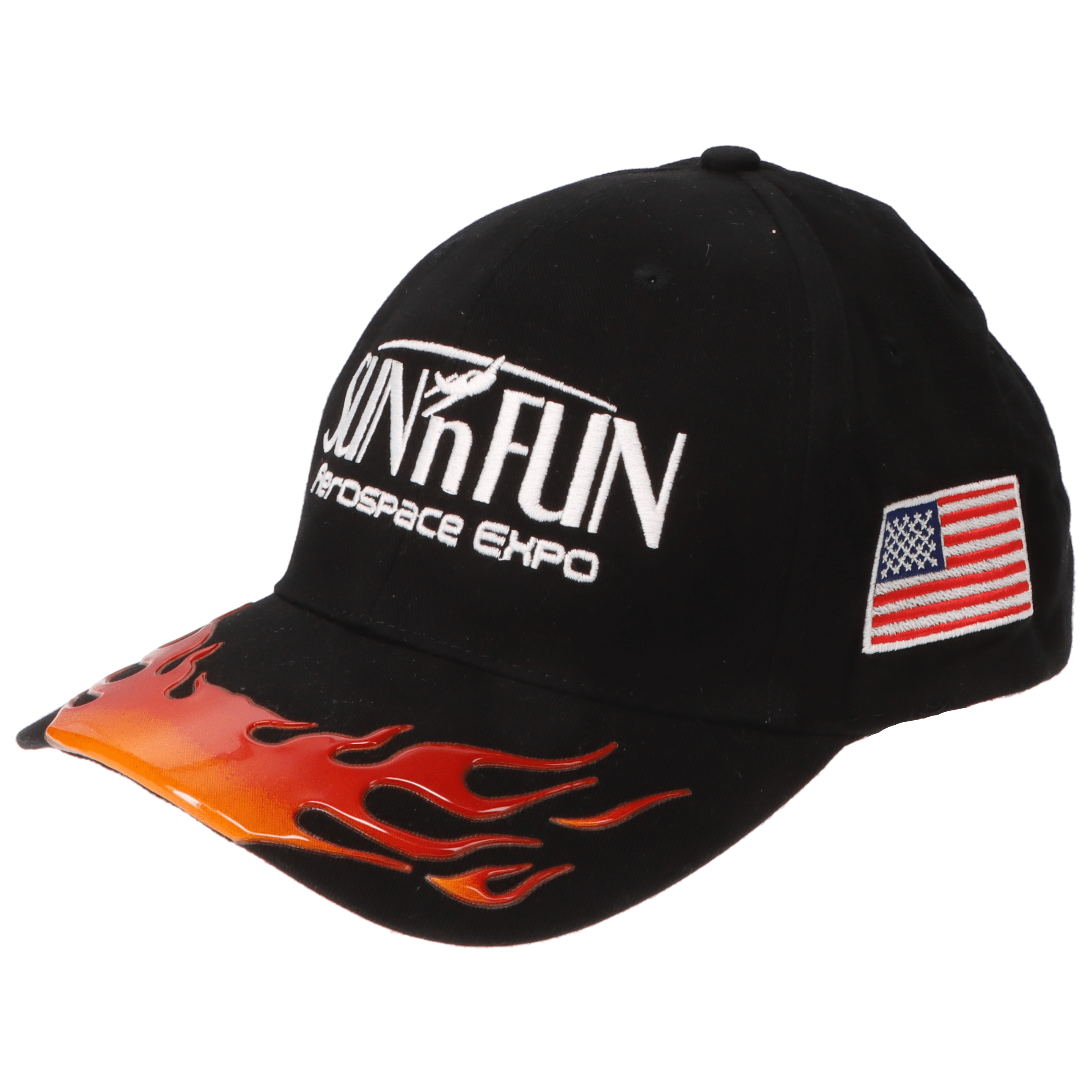 SUN 'n FUN Headwear Black SUN 'n FUN Black Vinyl Visor Structured Cap with Flames w/American Flag White Embroidery