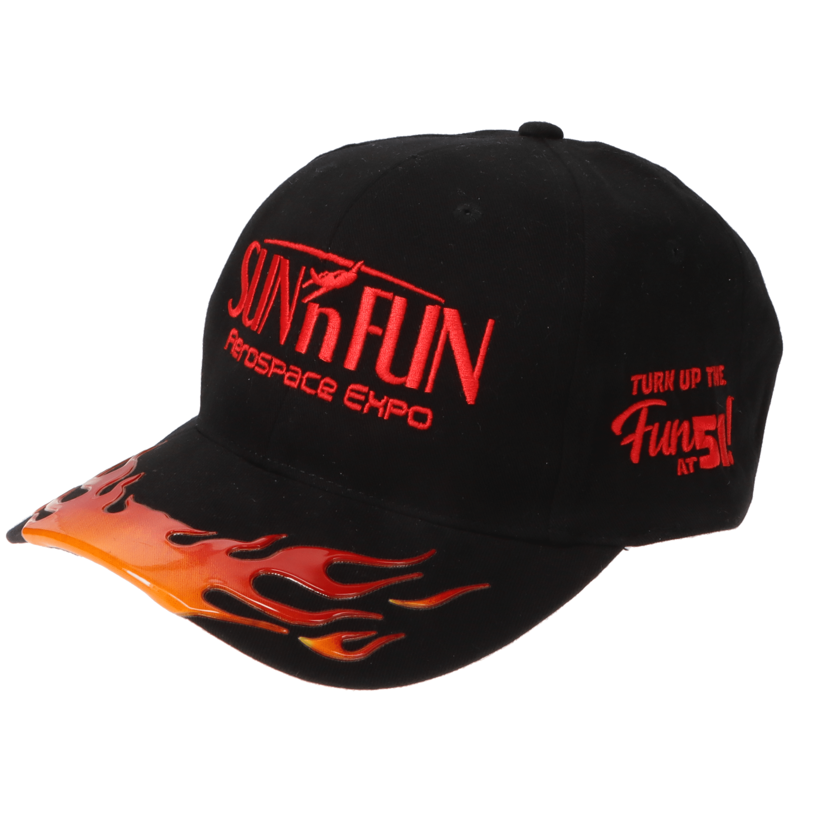 SUN 'n FUN Headwear Black SUN 'n FUN Black Vinyl Visor Structured Cap with Flames w/Turn Up The Fun for 51 Red Embroidery
