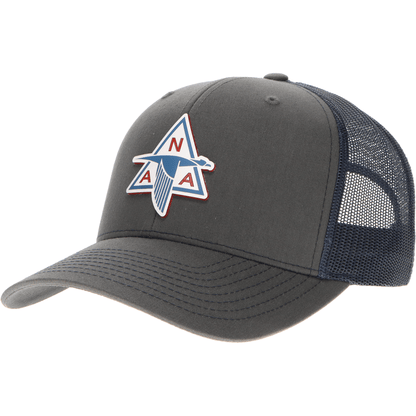 Aeroplane Apparel Company Headwear Charcoal/Navy North American Aviation Logo Velocity Trucker Hat - Red/White/Blue