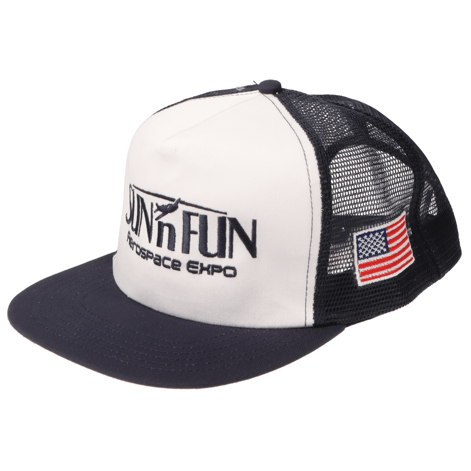 SUN 'n FUN Headwear White/Navy SUN 'n FUN White/Navy Five Panel High Profile Trucker Cap w/American Flag Navy Embroidery