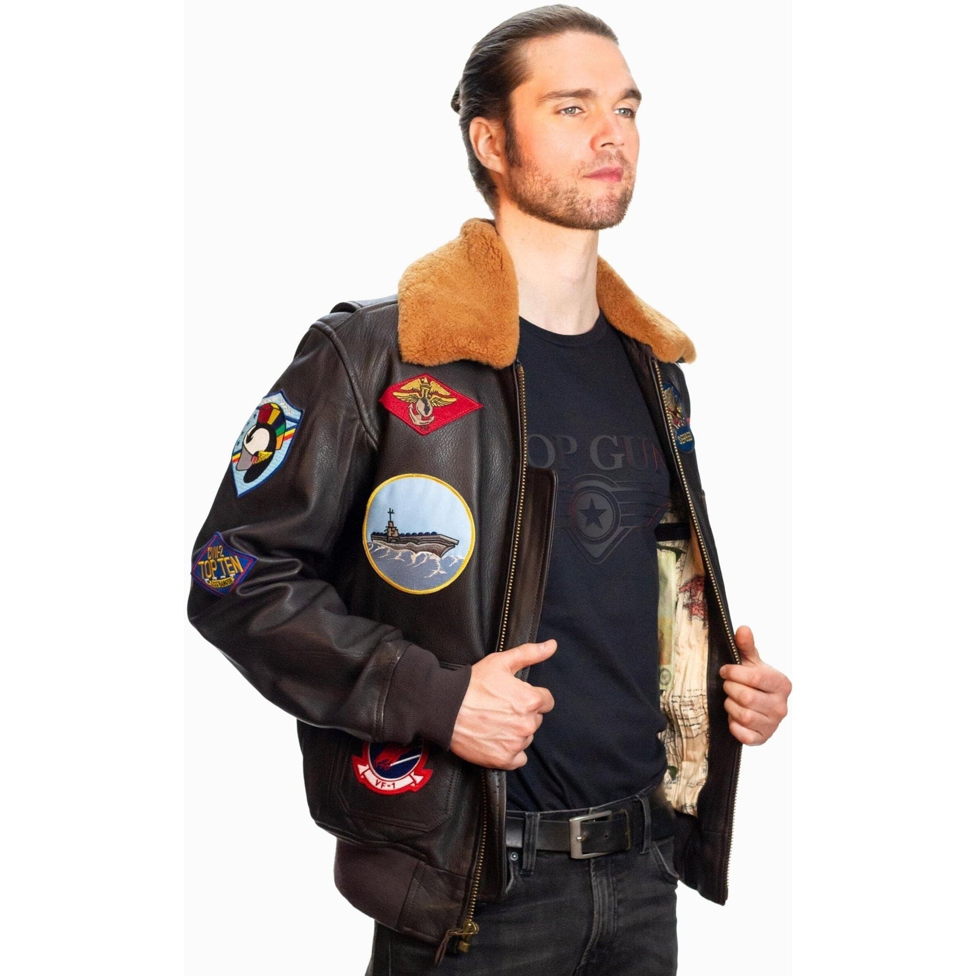 Top Gun Outerwear Small / Brown Top Gun Official G-1 Leather Jacket with Patches: Ultimate Comfort with Italian Goat Skin and Shearling Collar