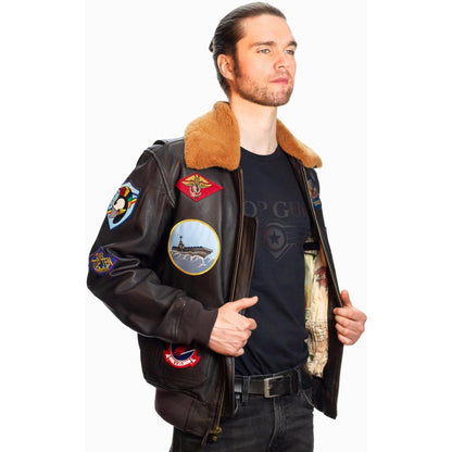 Top Gun Outerwear Small / Brown Top Gun Official G-1 Leather Jacket with Patches: Ultimate Comfort with Italian Goat Skin and Shearling Collar
