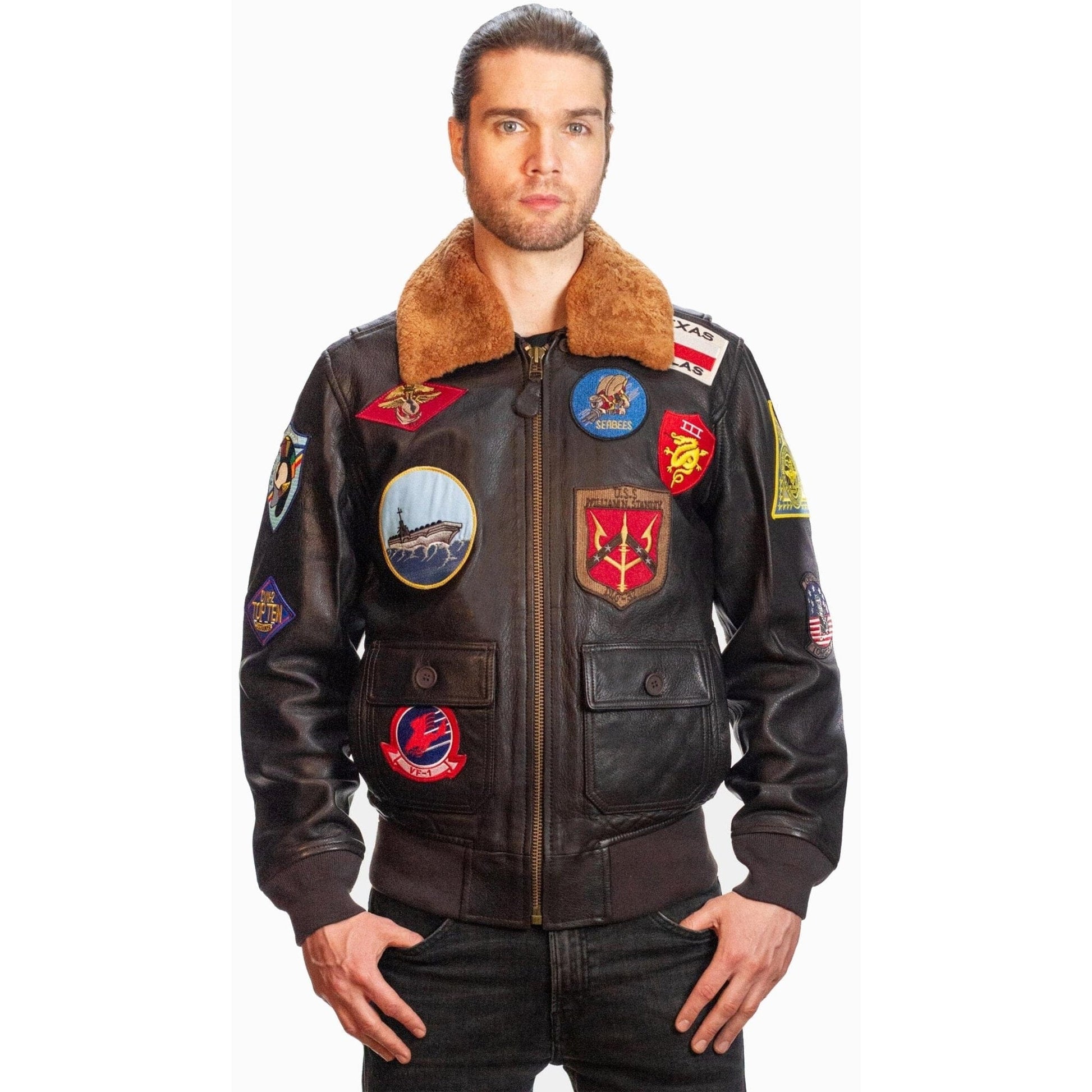 Top Gun Outerwear Small / Brown Top Gun Official G-1 Leather Jacket with Patches: Ultimate Comfort with Italian Goat Skin and Shearling Collar