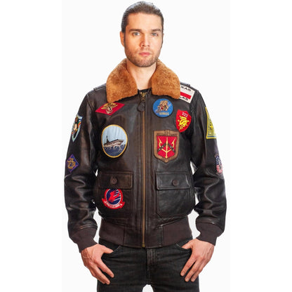 Top Gun Outerwear Small / Brown Top Gun Official G-1 Leather Jacket with Patches: Ultimate Comfort with Italian Goat Skin and Shearling Collar