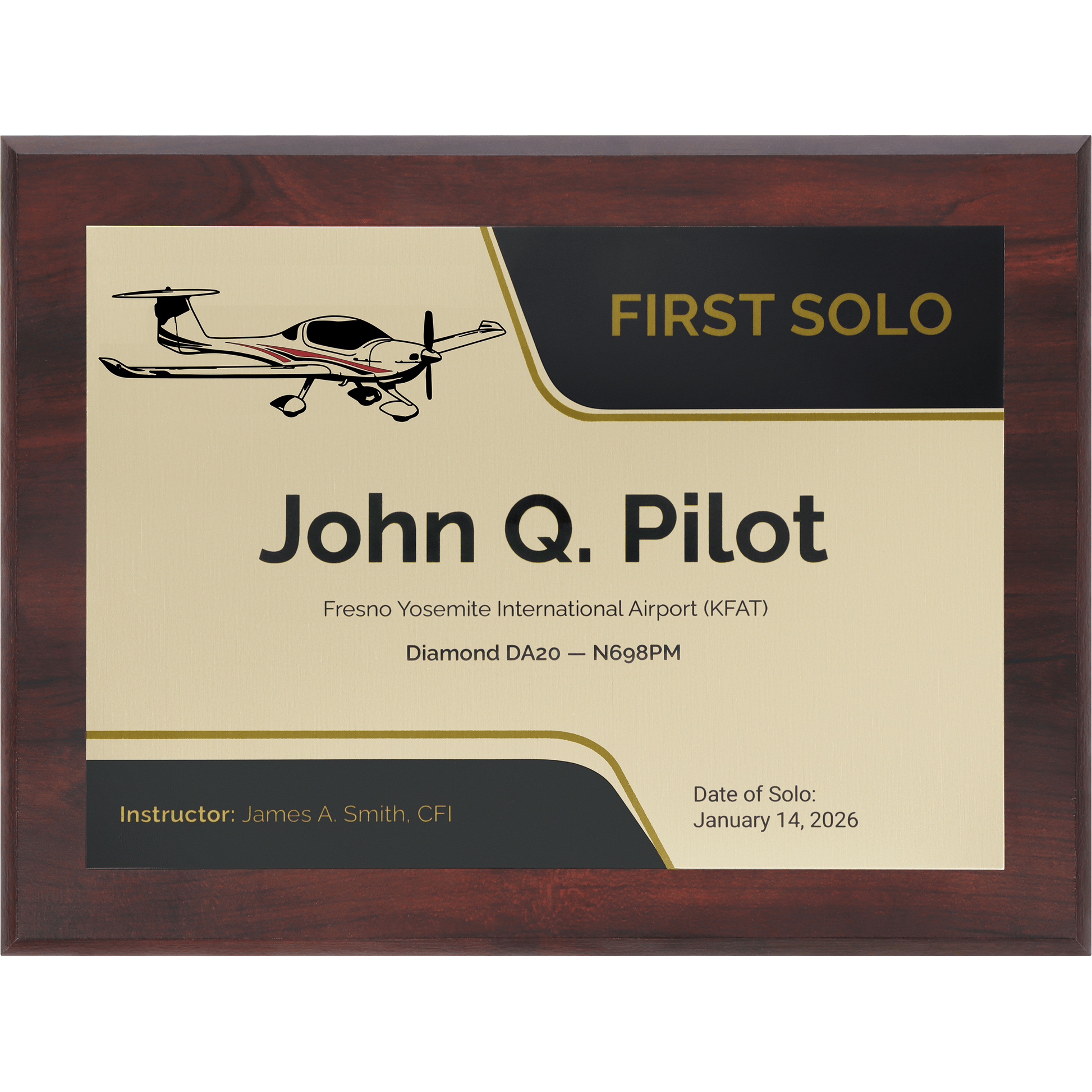 PilotMall.com Plaques Personalized First Solo Flight Diamond DA20 Achievement 9 x 12 Plaque