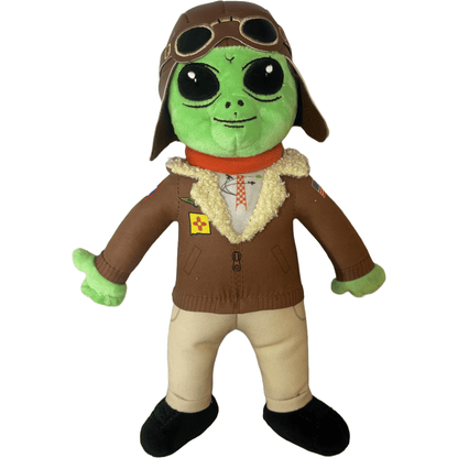 Roswell Air Races Elrod alien mascot plush wearing an aviator cap, goggles and shearling flight jacket