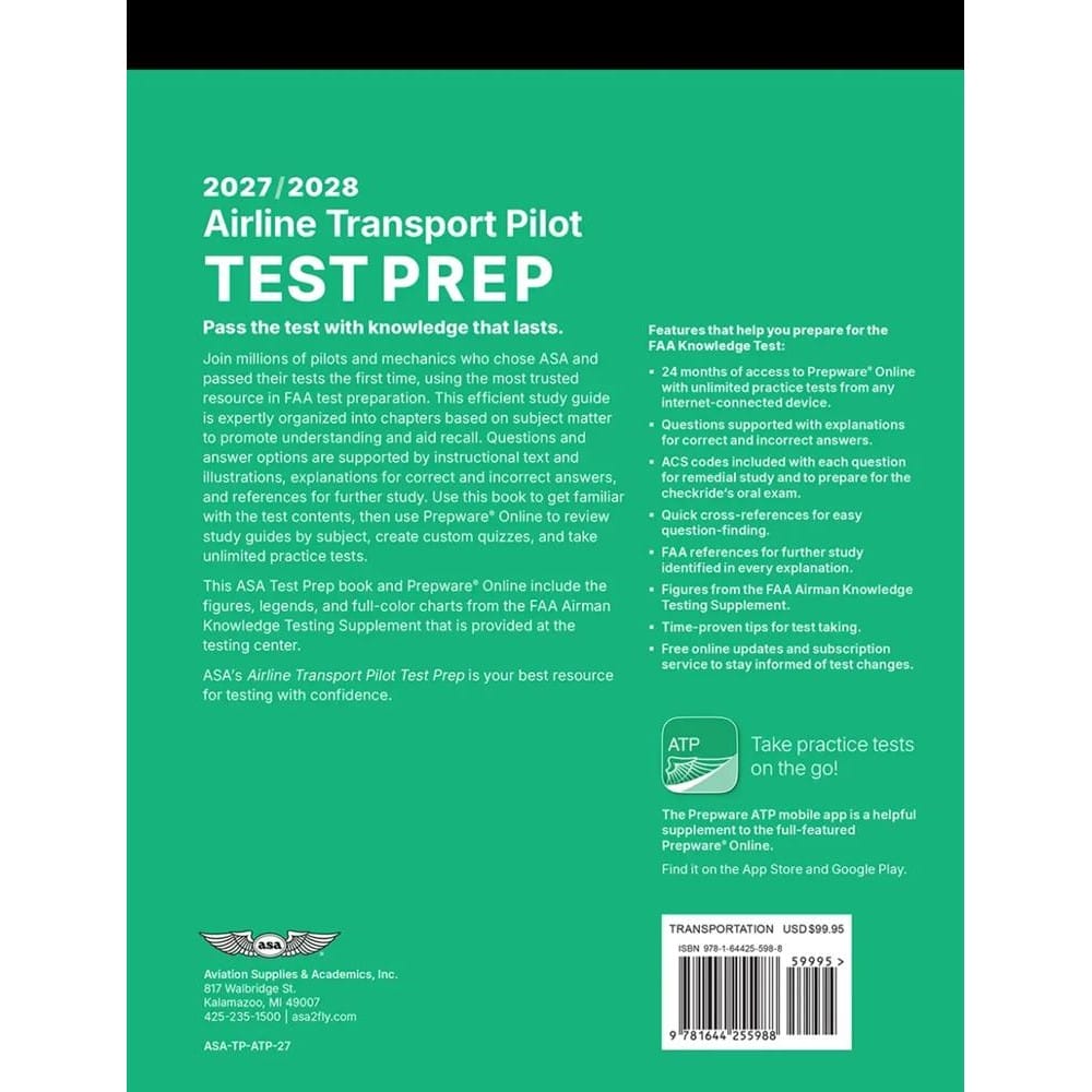 ASA Professional Pilot ASA 2027-2028 Airline Transport Pilot (ATP) Test Prep: Book + Prepware Online Practice Tests
