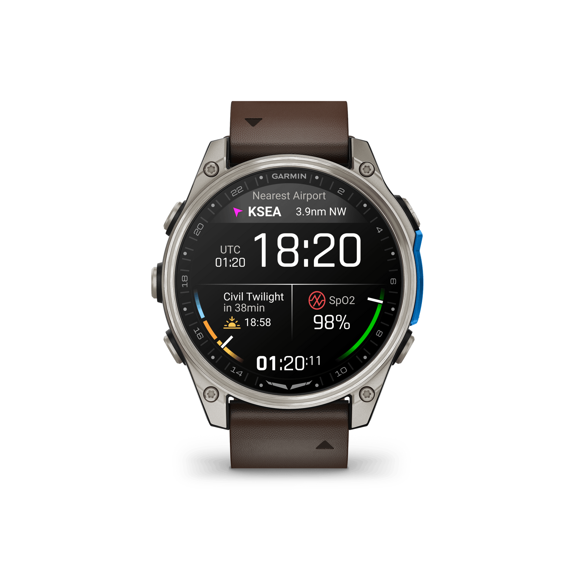 Garmin Watches Garmin D2 Mach 2 Aviator Smartwatch: Titanium with Oxford Brown Leather Band (47 mm)