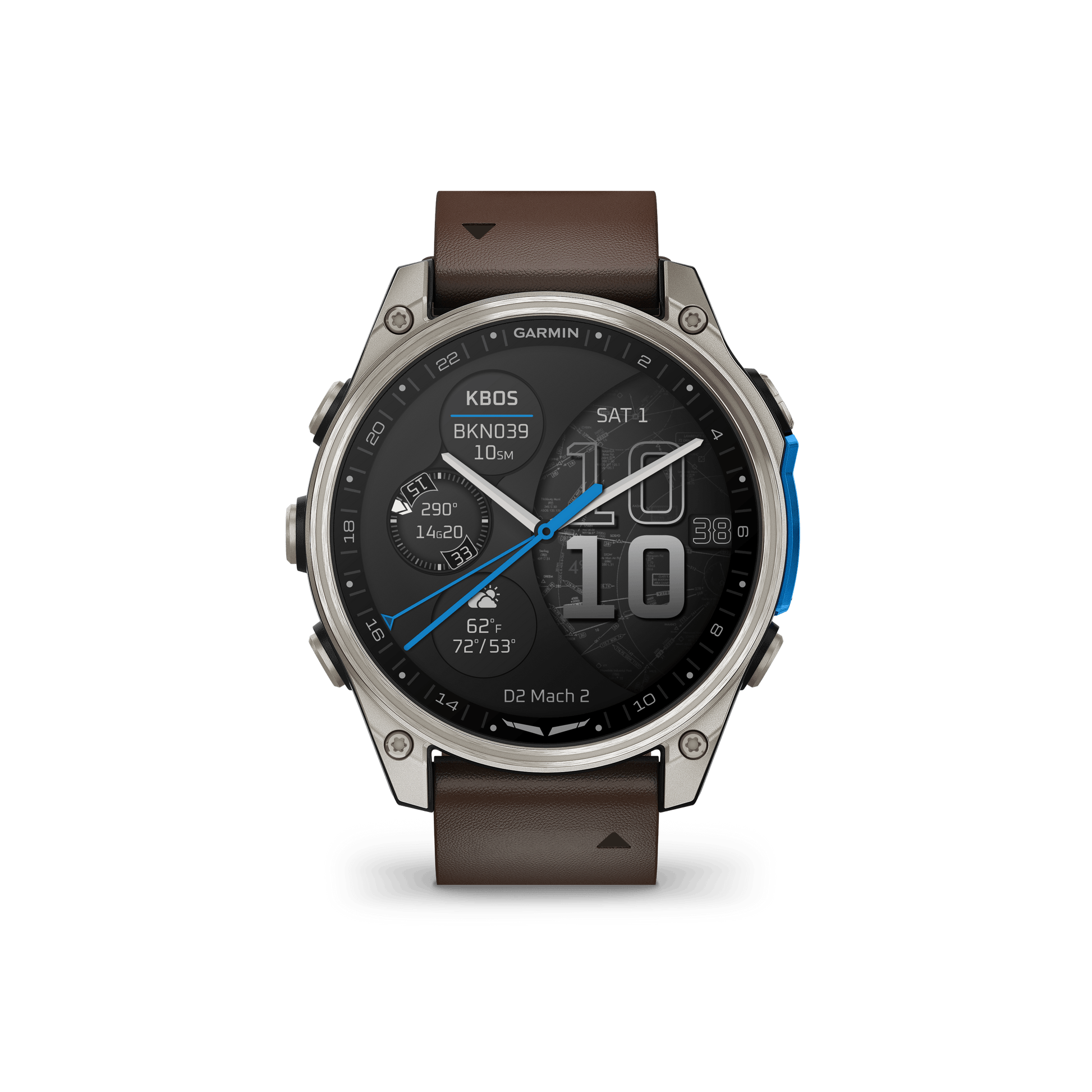 Garmin Watches Garmin D2 Mach 2 Aviator Smartwatch: Titanium with Oxford Brown Leather Band (47 mm)