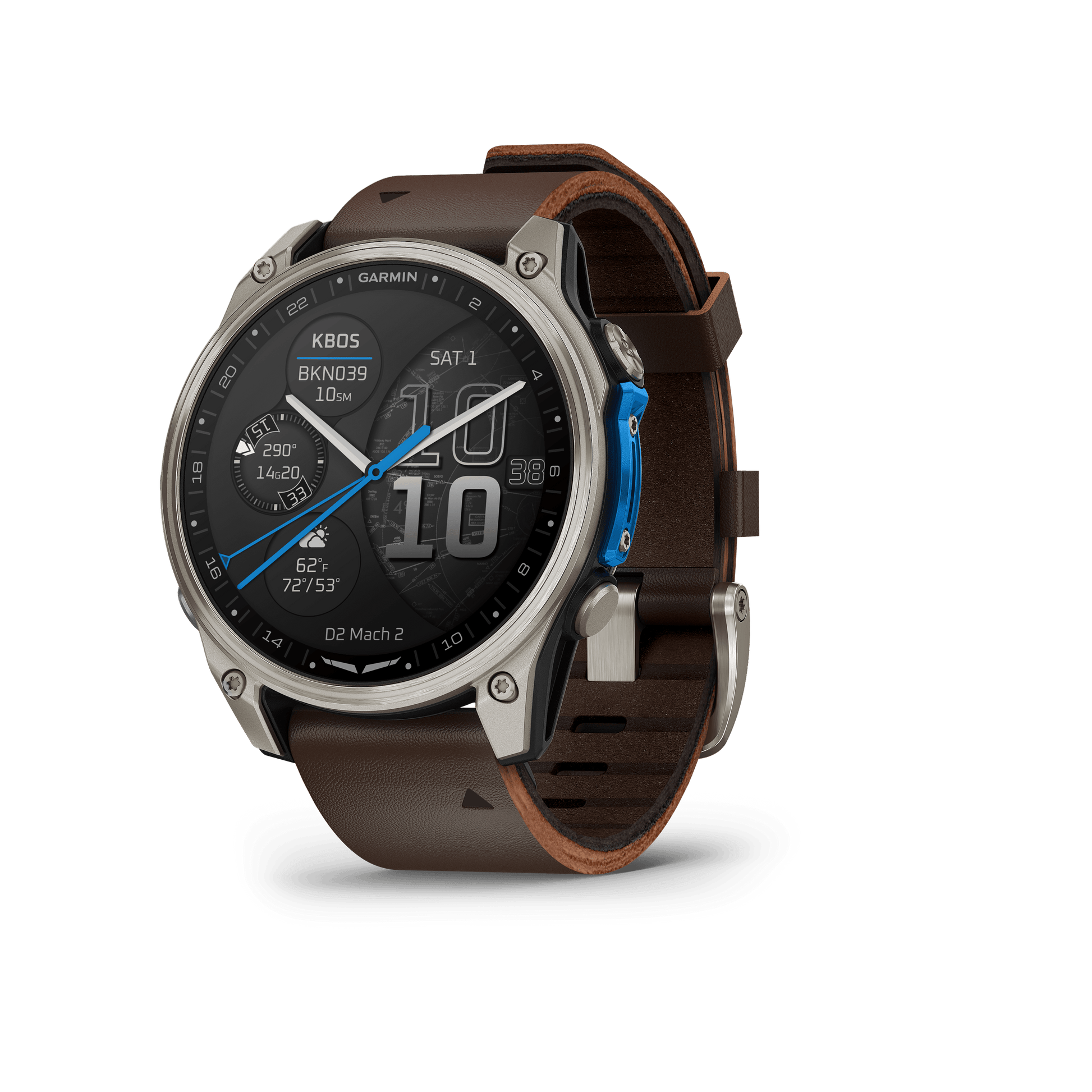 Garmin Watches Garmin D2 Mach 2 Aviator Smartwatch: Titanium with Oxford Brown Leather Band (47 mm)