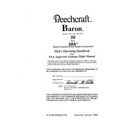 Essco Aircraft Aircraft Manual Beech 58, 58A Baron Pilot's Operating Handbook (part# 58-590000-31B)