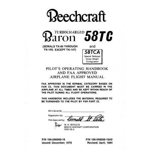 Essco Aircraft Aircraft Manual Beech 58TC & 58TCA Pilot's Operating Handbook (part# 106-590000-19)