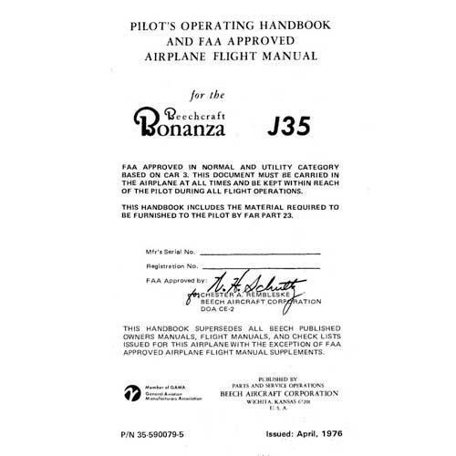 Essco Aircraft Aircraft Manual Beech J35 Bonanza Pilot's Operating Handbook (part# 35-590079-5COPY)