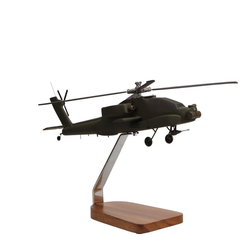 Boeing AH-64 Apache Longbow attack helicopter large mahogany model with mast-mounted radar on a numbered display base