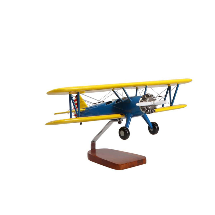 Boeing PT-17 Stearman open-cockpit biplane trainer large mahogany model on a numbered display base