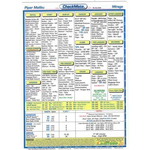 Checkmate Aviation Aviation Checklists Piper Malibu Mirage,PA-46 350P Compact Size CheckMate