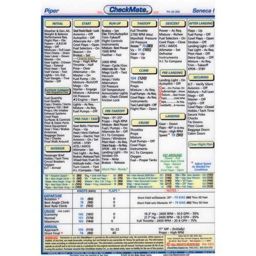 Checkmate Aviation Aviation Checklists Piper Seneca I,PA-34 200 Standard Size CheckMate