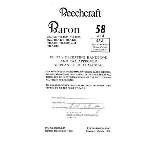 Beech 58, 58A Baron Pilot's Operating Handbook (part# 58-590000-35) - PilotMall.com