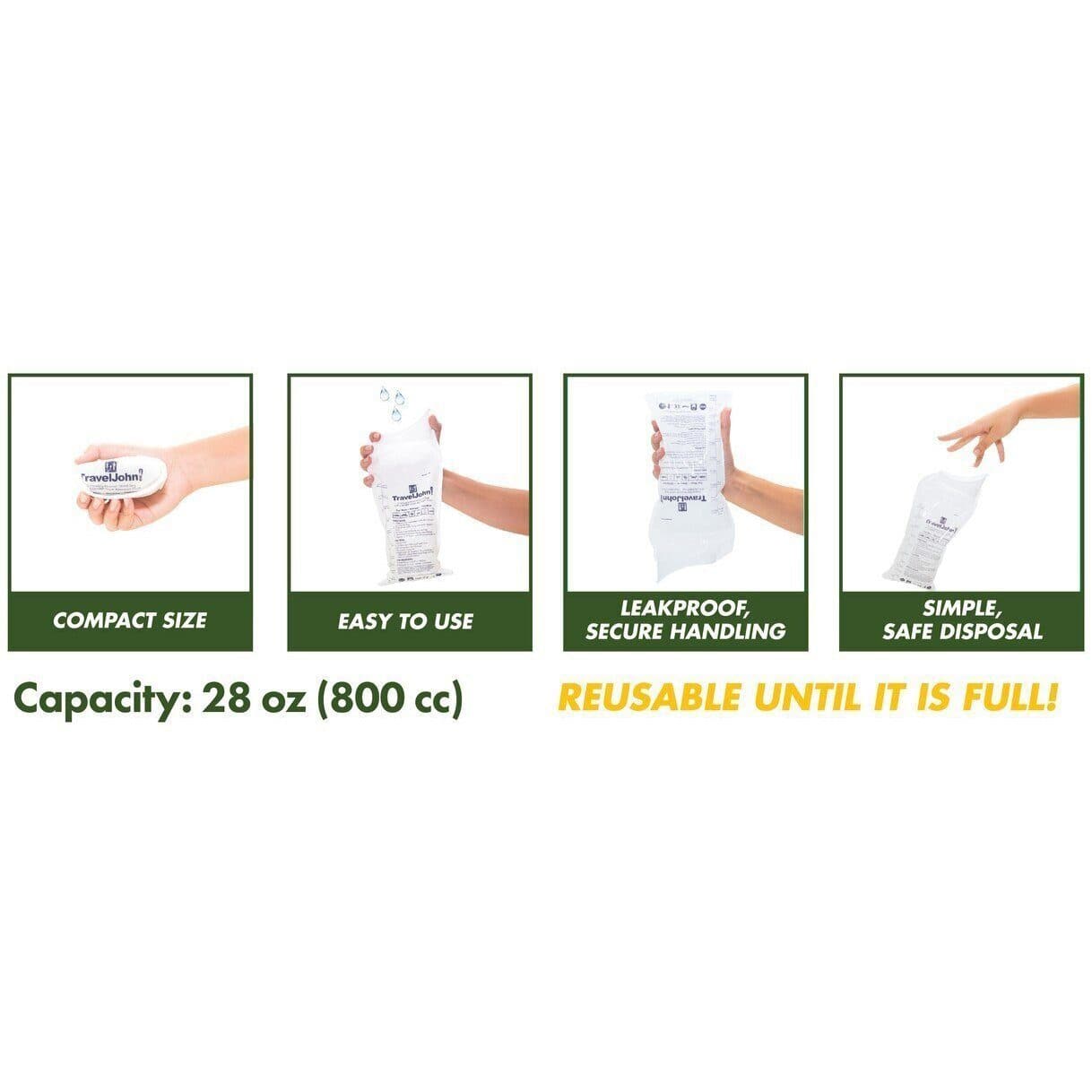 TravelJohn Motion Sickness & Relief TravelJohn Resealable Disposable Urinal Bags (TJ1N-C) (3 Pack)