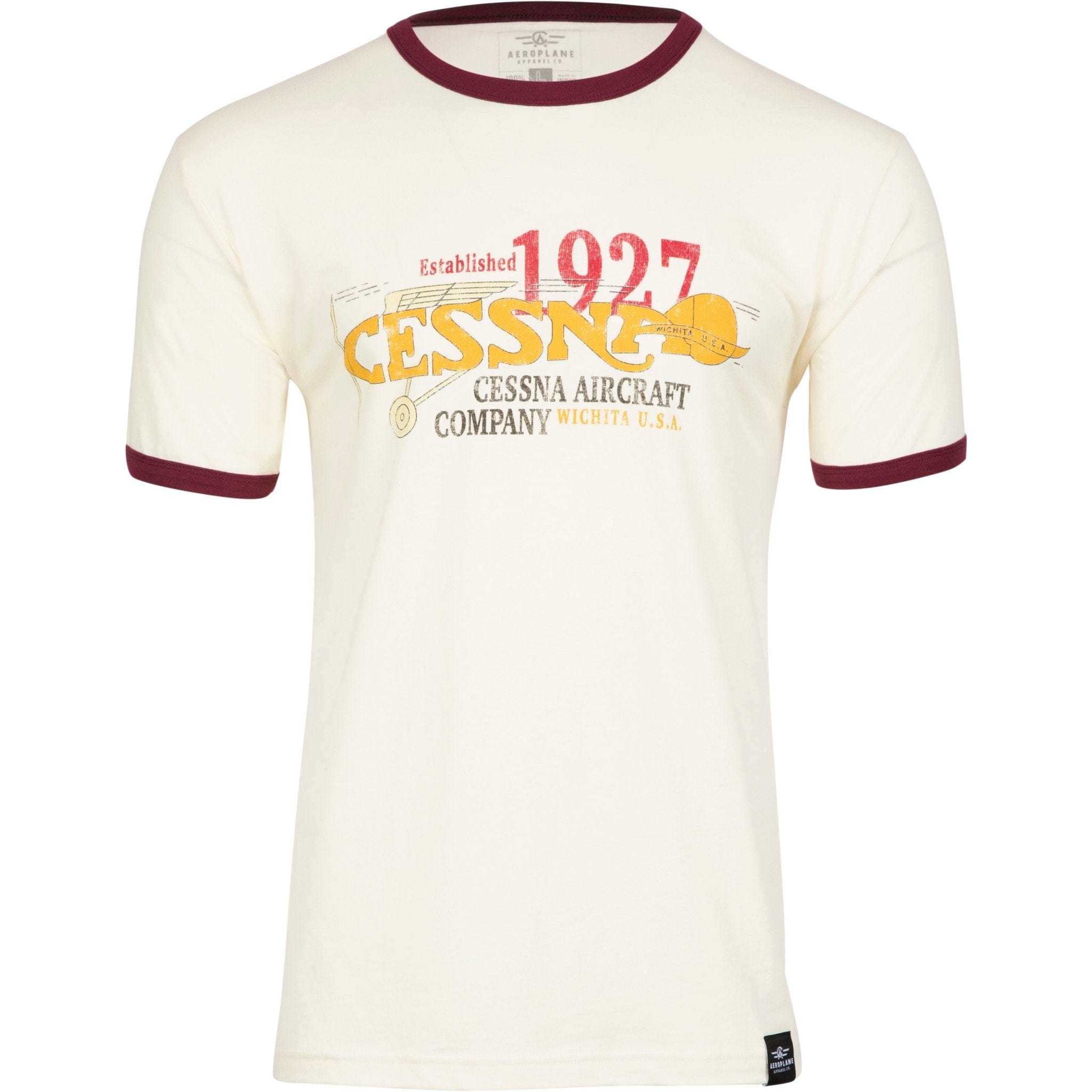 Aeroplane Apparel Company Shirts Small / Natural-Maroon Cessna Vintage 20's 30's Plane Logo Officially Licensed Ringer T-Shirt