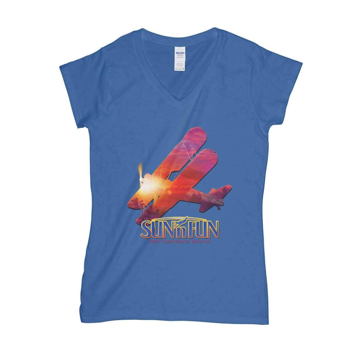 Sunset Stearman Women's V-Neck SUN 'n FUN T-Shirt - PilotMall.com